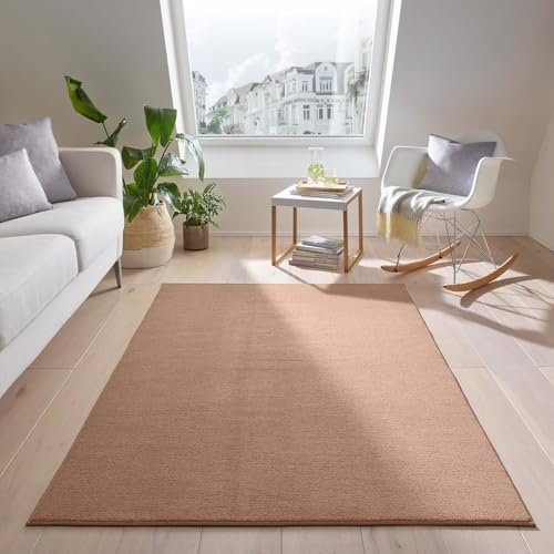 Taracarpet Teppich Kurzflor waschbar sehr weich für Wohnzimmer Esszimmer und Kinderzimmer Flachflor Uni Einfarbig apricot 80x150 cm