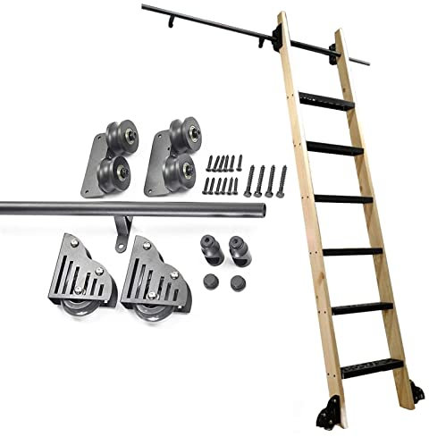 Kit di ferramenta per libreria, in acciaio nero, scorrevole, rotondo, 1 m, 6 m, con ruote a rulli per pavimento, guide mobili per scale (scala non inclusa)