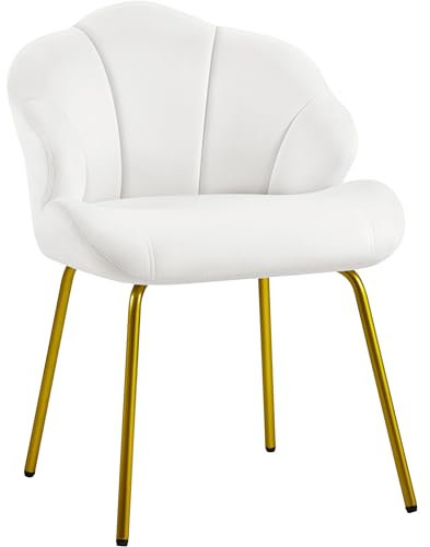 Yaheetech Fauteuil de Salon Moderne, Design Coquillage, Chaise de Chambre à Coucher Confortable, Rembourré, Ergonomique, Fauteuil en Velours avec Dossier, Pieds en Métal Plaqué Or, Blanc