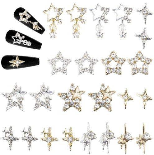 CRASPIRE 60Pcs/Box Glitter Star Nail Charms Rhinestone 12 Styles 3D Y2K Luxury Gold Silver Nail Gems Set Metal Alloy Flat Vintage Punk Studs Decor for Women Nail Art DIY Crafts Jewelry Christmas Decor