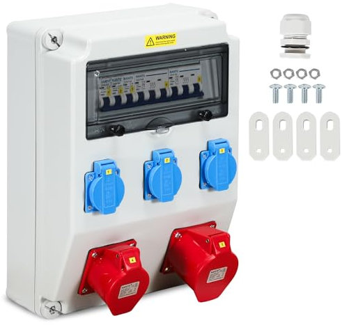 Fiqops Stromverteiler 3x230V+1x16A+1x32A/400V CEE 5 polig, Baustromverteiler 32a mit Leitungsschutzschalter, Wandverteiler Starkstrom Verteiler IP44 für Baustellen