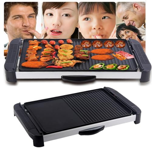 Electric Grill Plate, 2000W Electric Teppanyaki Grill with 5 Separate Heat Settings, 1.1 Meter Long Power Cord, 2 grilling areas, Maximum temperature 250℃, Electric Grill Pan, for Party Camping