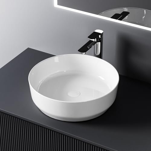 EMKE Lavabo para montar, Lavabo redondo de cerámica, 390 x 390 x 120 mm, instalación sobre encimera, blanco brillante, lavabo para baño y WC de invitados