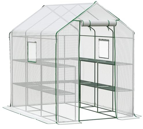 LARMNEE Serre de Jardin avec 14 Étagères, Abri pour Plantes, avec Porte Enroulable, Fenêtre, Fermeture Éclair, Anti-UV, Stable, 145 x 212 x 198 cm, Extérieur, Terrasse, Cour arrière, Blanc EWT13GH02G1