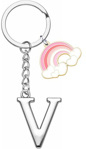ZYMGUO lettre initiale pendentif Porte-clés,Arcobaleno lettre initiale porte-clés cadeau amis soeurs,argent A-Z 26 lettre initiale pendentif porte-clés - cadeau femme homme anniversaire porte-clés (V)