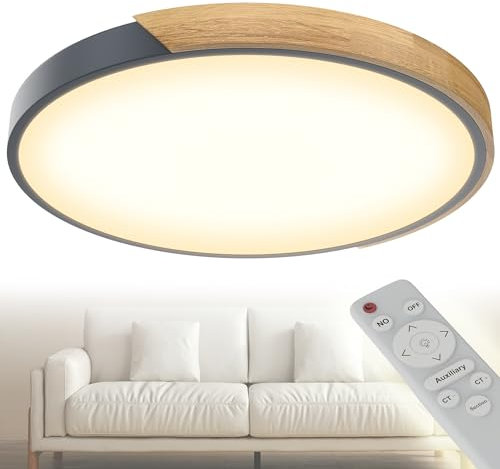 YRHome Deckenleuchte Holz LED - Modernes Design, Grauer Rahmen, 96W Dimmbar, Fernbedienung, 60 cm x 5 cm, Wohnzimmerlampe