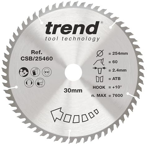 Trend Wood Kreissägeblatt, 254 mm Durchmesser, 30 mm Bohrung, 60 Zähne, 2,4 mm Schnittfuge, +10° Haken, TCT, feine Oberfläche, CSB/25460
