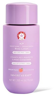 First Aid Beauty - KP Smoothing + Brightening Body Lotion with 10% AHA, Lactic Acid, Urea + Colloidal Oatmeal, Exfoliate + Moisturize, Banish Keratosis Pilaris Bumps, NEW Peach Scent (190 g)