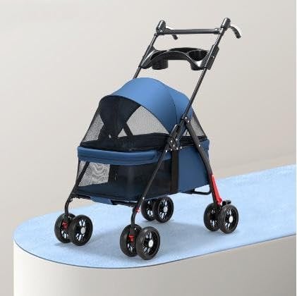 OHMG Poussette pour chien chat pliable,Les petits et chiens âgés,Jusqu'à 20 kg,Roues avec freins à 360°,Panier xxl,3 fenêtres,Porte-gobelet,Chariot pour chien