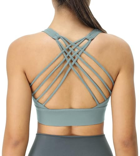 icyzone Damen Sport-BH Gepolstert Ohne Bügel Yoga Bra Gekreuzt Rücken Sport Gym Fitness BH (Dusty Blue, XL)
