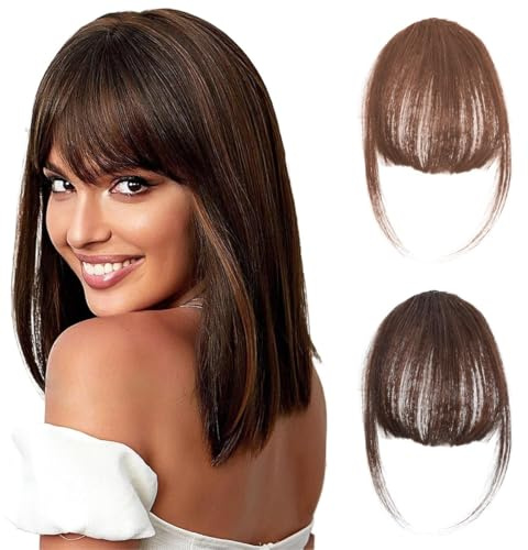 JEYORZY 2 Stück Clip in Pony, Clip on Air Bangs Französischer Pony, Einteilige Perücke mit natürlichem Pony, Haar-Pony für den, Pony-Verlängerung für Damenperücken(Dunkelbraun und Hellbraun)
