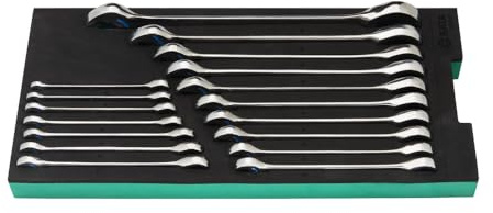 SATA Doppelratschen-Ringmaulschlüssel-Einlage, 17-tlg., 400 x 187 mm ST09011G Maße: 400 x 187 mm, Ratschenfunktion an Ring- und Maulseite, 5° minimaler Betätigungswinkel, Flache Köpfe