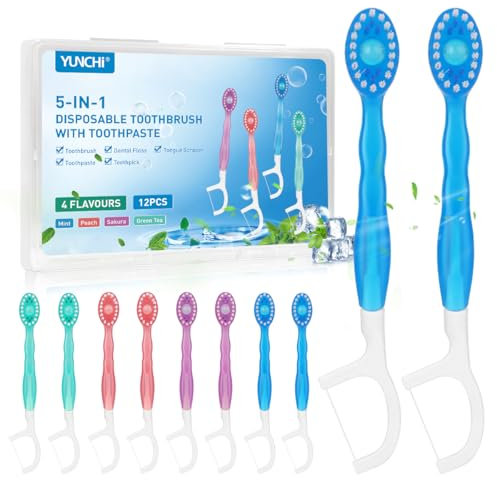 YUNCHI 12 Stück Mini Zahnbürste 5 in 1 Einmalzahnbürsten mit Zahnpasta + Pickel + Zungenschaber + Zahnseide, Reisezahnbürste Einzeln Verpackt für Camping Geschäftsreisen Kinder Erwachsene