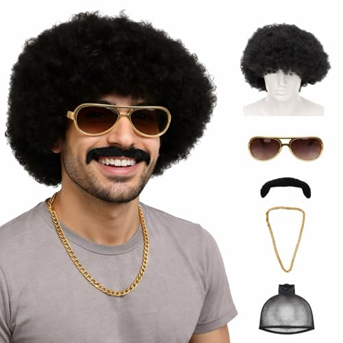 Afro Perücke Herren Kunsthaar Retro Look 70er Jahre Party Kostüm Zubehör für Damen Herren Karneval Fasching Disco Style (A)