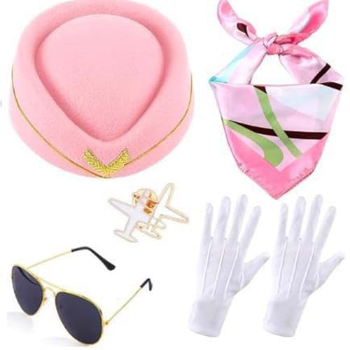 Chaoyinn Accessoires De Cosplay D Hôtesse De L Air Femme Chapeau Lunettes De Soleil Foulard Coloré Gants Broche D'Avion Cosplay D'Hôtesse De L Air Carnaval
