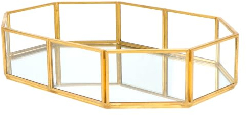 BAZEITFLOW Vintage Octagonal Glass Tray with Brass-plated Geometric Wire Frame and Sand Linen Base Decorative Cosmetic and Jewelry Organizer for Vanity Countertop Dresser Bathroom Display