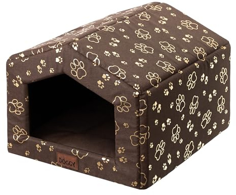DOGGY Hundehütte – Hundehöhle mit Kissen - Winterfest Wasserdicht Wetterfester – Warm Hundehaus - Katzenhaus Für Draußen - Haustiere Kleine Hund Katze 55x59x34 cm - Braun mit Pfoten