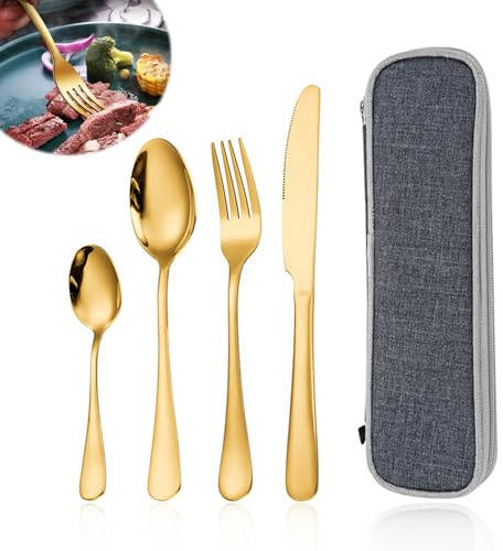 4Pcs Gold Cutlery Set with Travel Pouch, Knife and Fork Spoo Sets | Stainless Steel Cutlery Set for 1, Portable Travel Cutlery Sets for Home Kitchen Camping