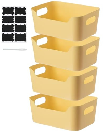 XAHMBSS 4 Stück Aufbewahrungsboxen mit Griff,Niedrigeren Vorderseite Aufbewahrungskorb,Aufbewahrungsbox Kunststoff für Küche und Bad,Regal Schrank Organizer Boxen (Gelb)