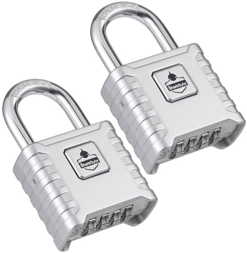SharkByte Confezione da 2 lucchetti a combinazione resistenti, resistenti alle intemperie, 52 mm, 4 cifre, con grilli in acciaio inox da 8 mm, antiruggine e ripristinabili, per cancelli, capannoni