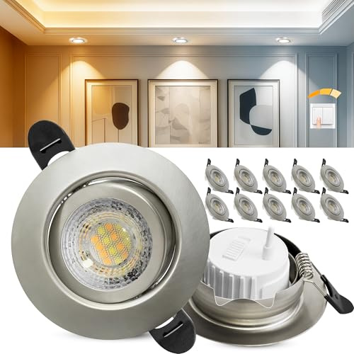 Laiebri LED Einbaustrahler 230V Dimmbar, 6W IP44 LED Spots, 68mm Deckenspots 45° Schwenkbar 3000K/4000K/6000k für Badezimmer Küche Wohnzimmer Einbauspots Flach Einbauleuchten, Nickel, 10er Set