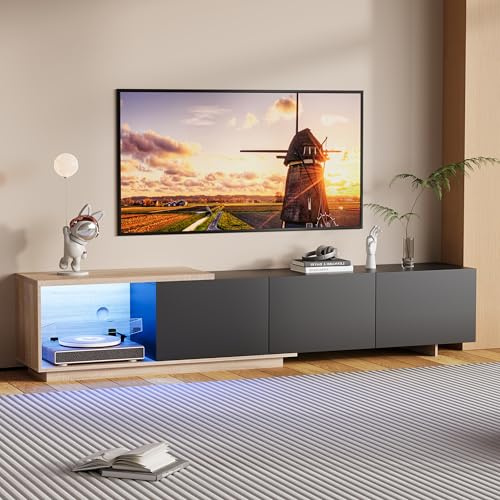 FEEOHOME Meuble TV Moderne, Meuble TV LED Extensible Support pour Téléviseur 75 Pouces, Banc TV Meubles Télé pour téléviseur avec 3 tiroirs et Espace de Stockage Ouvert pour Salon (Noir)