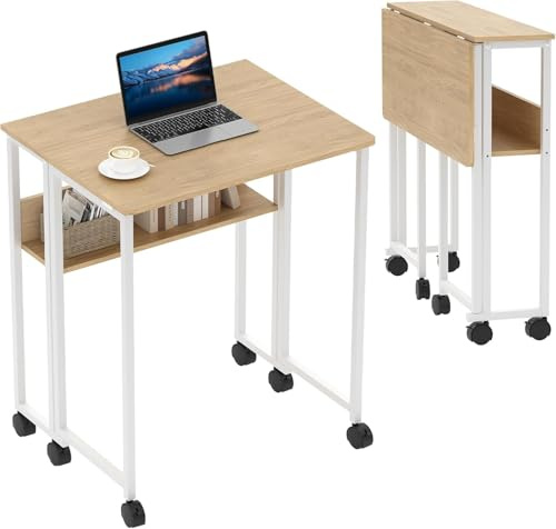 Aptliton 63cm Folding Desk with Storage Shelf, Space Saving Computer Desk, Foldable Writing Table on Wheels, Writing Study Desk, Easy Assembly, for Home Office Small Space
