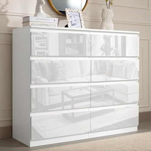 KernGut High Gloss Modern Kommode mit 6/7/8 Schubladen Schlafzimmer Schrank Bettseite Sideboard Aufbewahrungsmöbel für Wohnzimmer Büro Flur Sideboard (8 Schrank Weiß)
