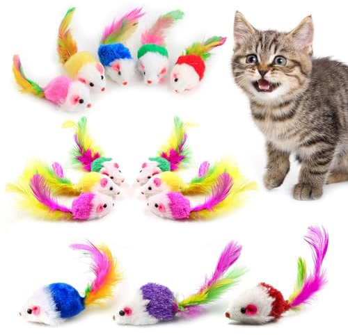 YXBWM Cat Mouse Toys with Catnip 20 Pack, Interactive Plush Mice with Feather Tail and Rattle, Kitten Variety Pack for Indoor Cats