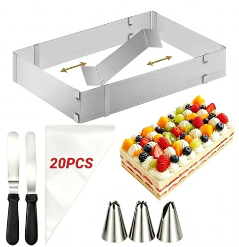 ZOVRIXIA Backrahmen Rechteckig Verstellbar, Backrahmen Eckig Verstellbar Edelstahl mit Spatel, Spritzbeutel, Tüllen, Rechteck Terrassenrahmen, rechteckige Backform, ausziehbarer Patisserienrahmen