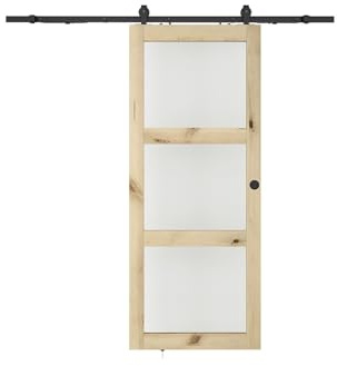 Vente-unique - Puerta corredera con sistema de montaje en madera y cristal templado satinado - 3 ventanas - 205 x 73 cm - ACOSTA II