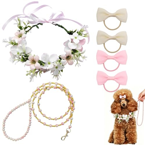 NUOM Hunde Hochzeitsset mit Blumenhalsband und Perlenleine, weißes Hundehalsband mit 4 Haargummis für Hochzeit, Verlobung, Jubiläum, Fotoshooting und Elegante Festtage