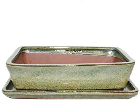 Exotenherz - Bonsai-Schale mit Unterteller Gr. 4 - Oliv-Braun - eckig - Modell G30 - L 25cm - B 19cm - H 6,5cm