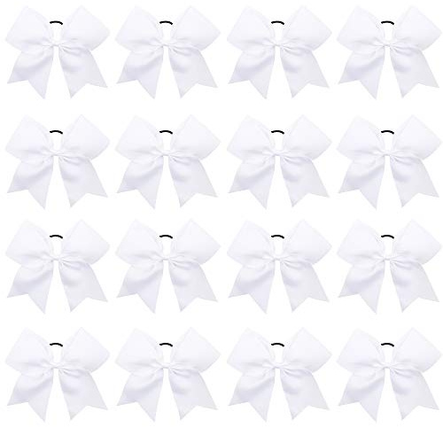 16PCS 8 Large Cheer Hair Bows Ponytail Holder Elastic Band Handmade for Cheerleading Teen Girls College Sports (White, 1 Count (Pack of 16))