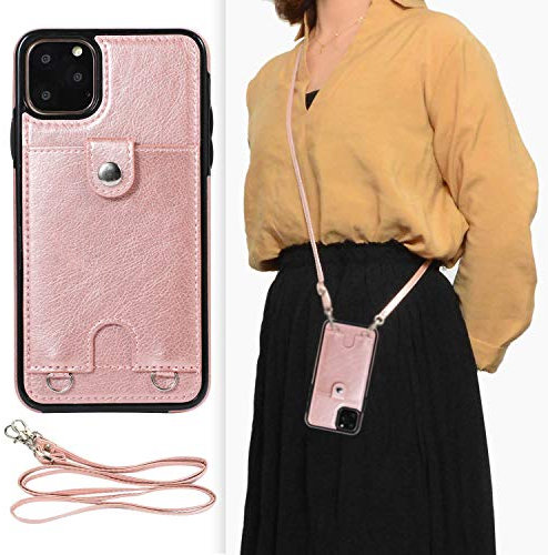 DEFBSC Lanyard Case for iPhone 11 Pro Max,Adjustable Crossbody Lanyard Strap, Premium PU Leather with Card Holder,Waterproof Protective Back Cover for iPhone 11 Pro Max 6.5 inch, Rose Gold