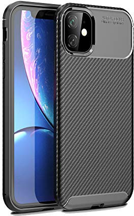 PIXFAB Gel Case For Apple iPhone 11 (6.1), Gel Rubber Phone Case Cover, Stylish Premium Slim Carbon Fibre Design With Screen Protector For iPhone 11 - Black