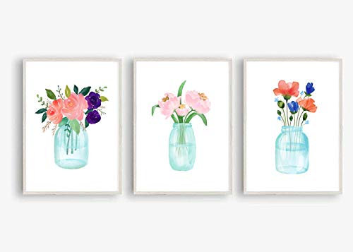 Din A4 Kunstdruck ungerahmt 3er Set Vase mit Rosen Pfingstrosen Blumen Blumenstrauß Kornblume Aquarell Druck Poster Bild