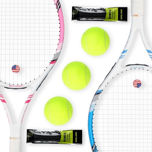 Pro Tennisschläger für Erwachsene, 2 Spieler 68,6 cm Speed Tennisschläger akzeptabel für Anfänger und Profis mit 3 Tennisbällen, 2 Vibrationsdämpfern, 2 Overgrips, Tennistasche (Rosa-Blau)