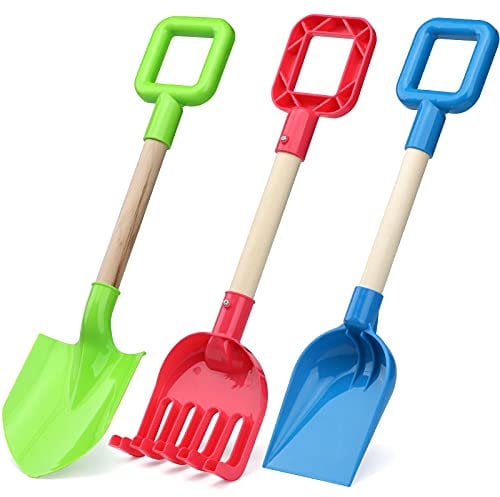 Jumbo Beach Shovels for Kids, Heavy Duty Plastic Sand Shovels, 40CM Sand Beach Toys Set for Toddler, Wood Handle Beach Scoop Toys for Sandbox Sandpit, Digging Garden Spade Tools