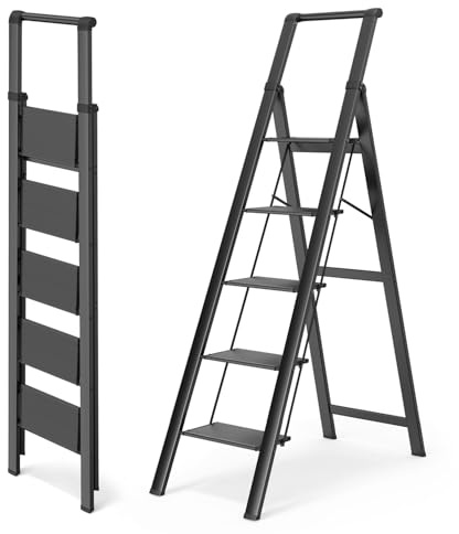 WOA WOA 5 Step Ladders for Home, 300lbs Load, 46'' Top Step, Black