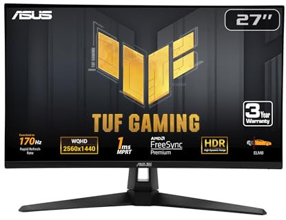 ASUS TUF Gaming 27” 1440P Monitor (VG27AQA1A) - QHD (2560 x 1440), 170Hz (Supports 144Hz), 1ms, Extreme Low Motion Blur, Freesync Premium, Eye Care, HDMI, DisplayPort, Shadow Boost, Speakers, HDR