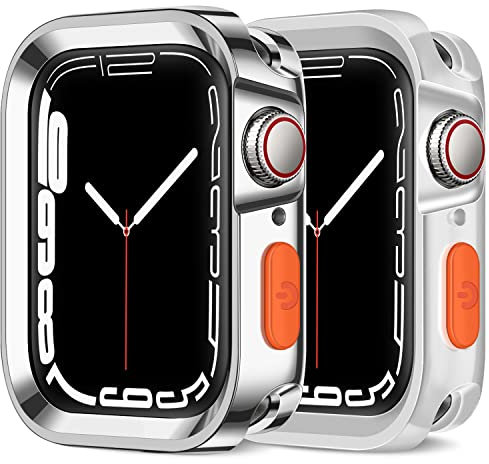 Amizee 2 Pack Rugged Funda Compatible con Apple Watch Serie 9/8/7 41mm Series 6/5/4/SE 40mm, Flexible TPU Anti Choques Bumper Resistente Carcasa Protección Compatible con iWatch (Plata+Transparente)