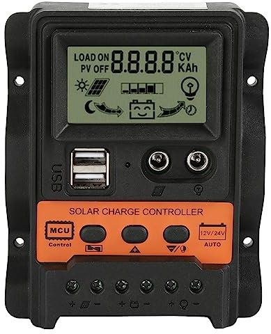 Jadeshay Contrôleur de Charge Solaire Régulateur de Charge Solaire PWM 12V 24V 30A Double Sortie USB 5V Regulateur Oanneau Solaire avec Écran LCD pour Les Batteries Plomb-acide(30A)