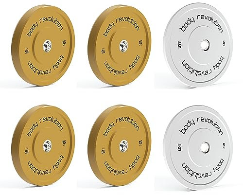 BODY REVOLUTION Olympic Weight Plates for 2 Barbells - Solid Colour Rubber Bumper Plates, Home Gym Equipment for Strength Training Workouts