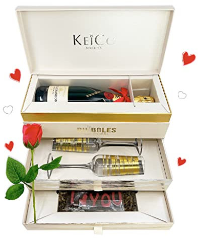 KeiCo Luxe Champagne Drawer Box Moet & Chandon 75cl, 2 x Glass Flutes, I Love You Chocolates & Rose! Hamper Gift Box - Anniversary
Present For Wife or Husband (Champagne)