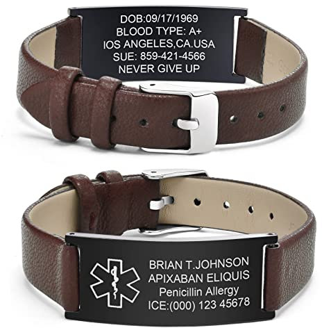 Notfallarmband Medizinisches Armband Herren Personalisierte : Notfall Schmuck Gravur Ice Name Allergien Diabetes Epilepsie Armbänder Braun Lederband Medizinische Alarm Armband für Männer Jungen
