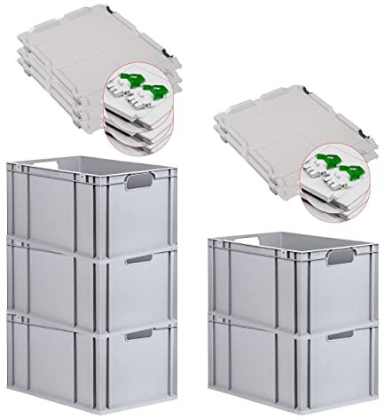 PROREGAL SuperSparSet 5x Eurobox NextGen Economy mit Scharnierdeckel & grünen Verschlüssen | Griffe offen | HxBxT 32x40x60cm | 65 Liter | Eurobehälter Transportbox Transportbehälter Stapelbehälter