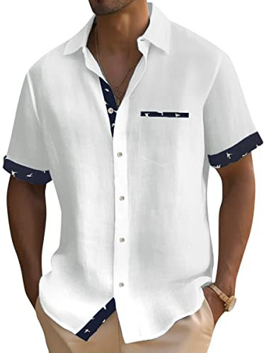 Onsoyours Chemise Homme à Carreaux Manche Courte Coton Lin avec Poche Poitrine Chemise Décontractée Classique Chemisette Homme Lin Chemise Bouton Homme Blouse C Blanc S