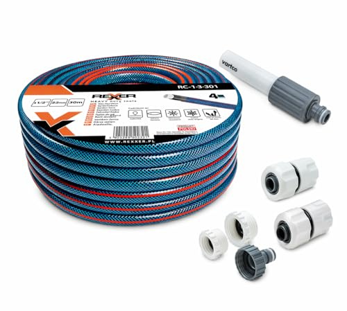 REXXER Gartenschlauch-Set 30 m, 1/2 Zoll, 4-lagig, Sprühdüse | UV-beständig, flexibel, Schnellkupplungen, Wasserhahnanschluss, für Gartenbewässerung