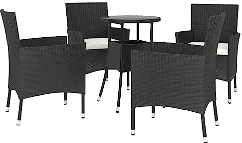 vidaXL Garten Bistroset 5-TLG., Gartenmöbel Set mit Kissen, Sitzgruppe für Balkon Garten Terrasse, Balkonset Balkonmöbel 1 Tisch 4 Stühle, Schwarz Poly Rattan